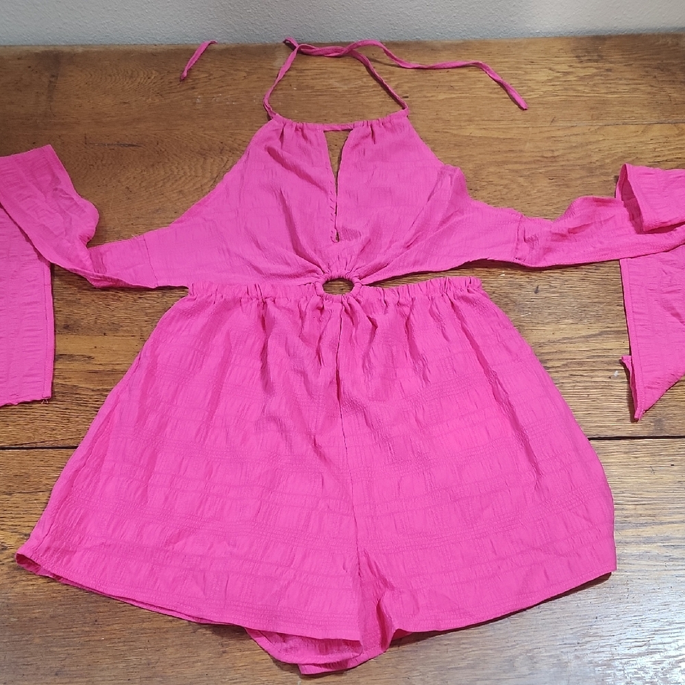 SHEIN Hot Pink Cut Put Halter Top Romper NWT Small